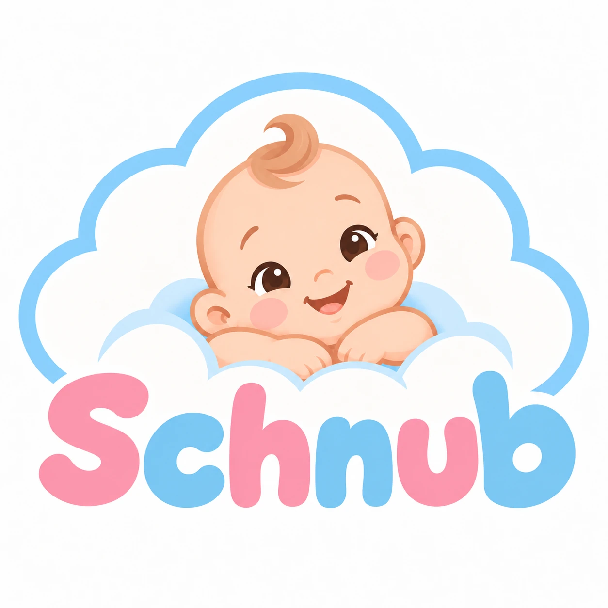 Schnub Logo: fröhliches Baby mit einer Locke in einer hellblauen Wolke und rosablauem Schriftzug